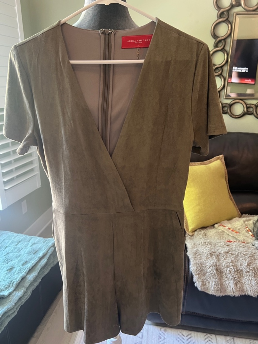 Akira Chicago  Olive Short-Sleeve V-Neck Suede Romper